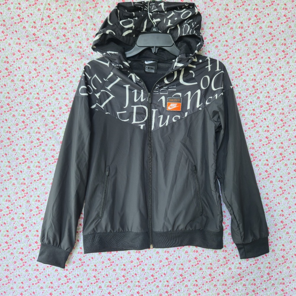 Nike Windrunner Jacket Boys L Black Just DoIt Script Print Hooded Windbreaker